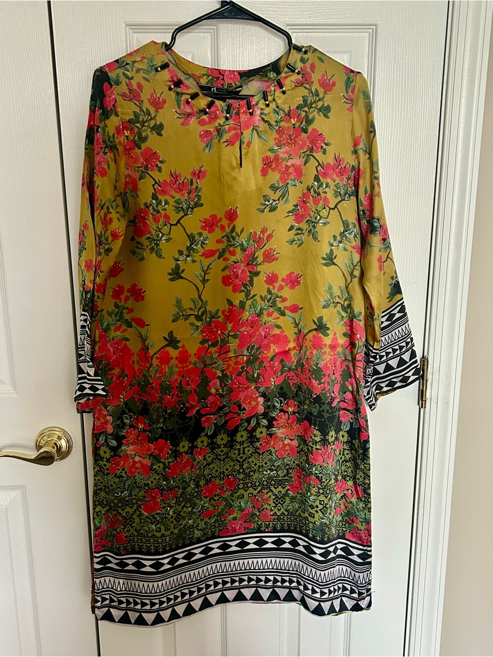 Nishat Linen Silk Mustard Yellow Pink Black Silk Kurta Shirt Sz S